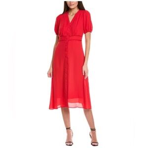 Nanette Lepore Elegant Red A-Line Lattice Trim Empire Waist Midi Dress